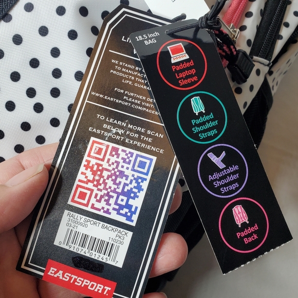 Eastsport 18.5" Rally Sport Black & White Polka Dot Backpack w Tech Pocket NWT - Picture 5 of 14